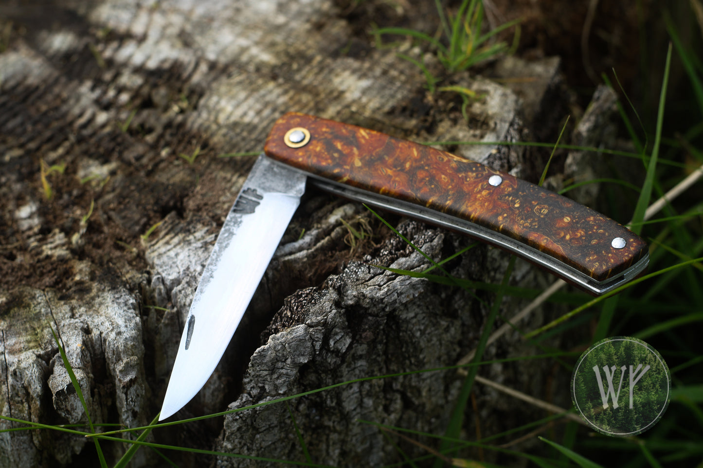 Hand-forged slipjoint folding knife with Box Elder Burl scales