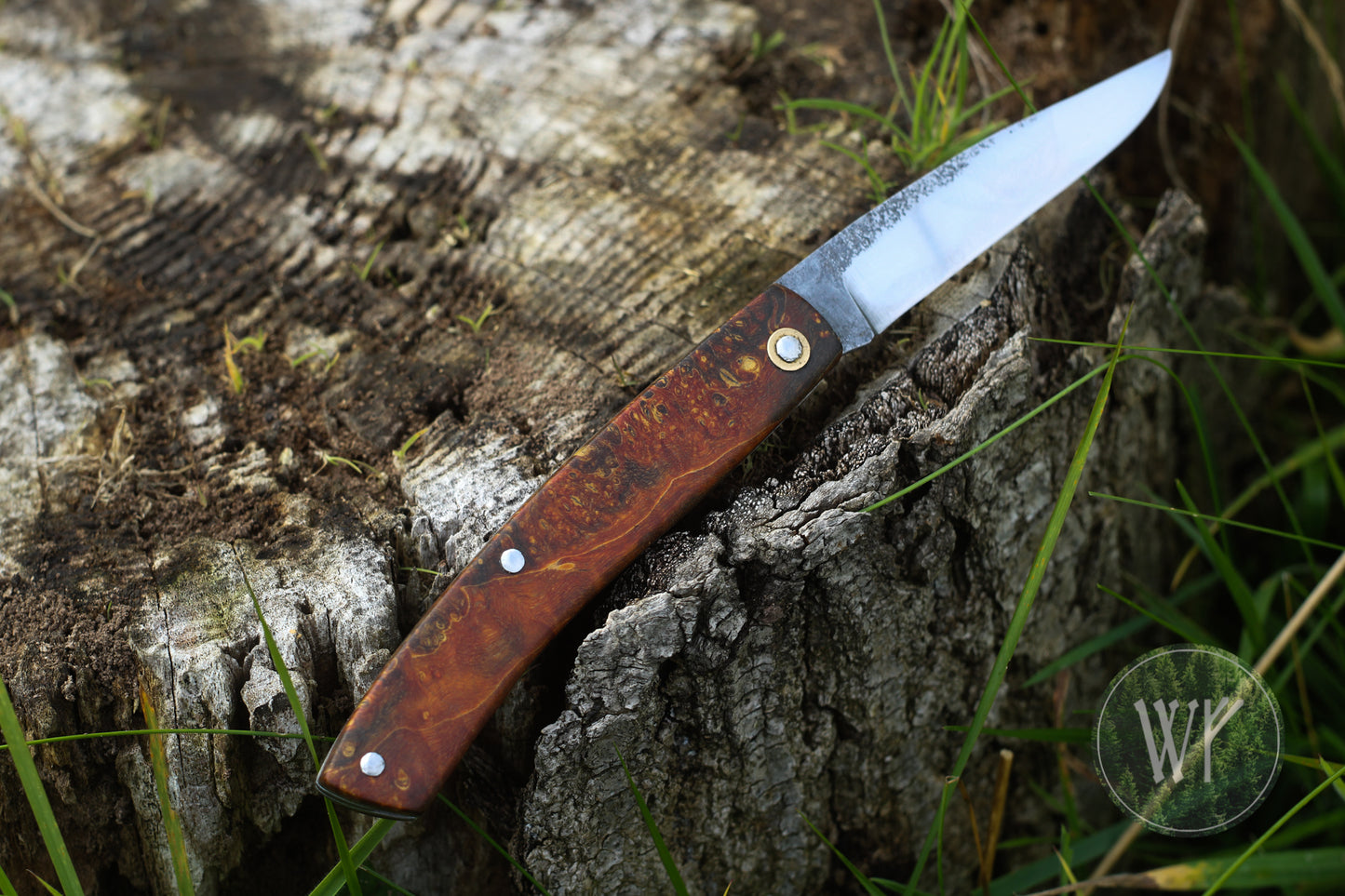 Hand-forged slipjoint folding knife with Box Elder Burl scales