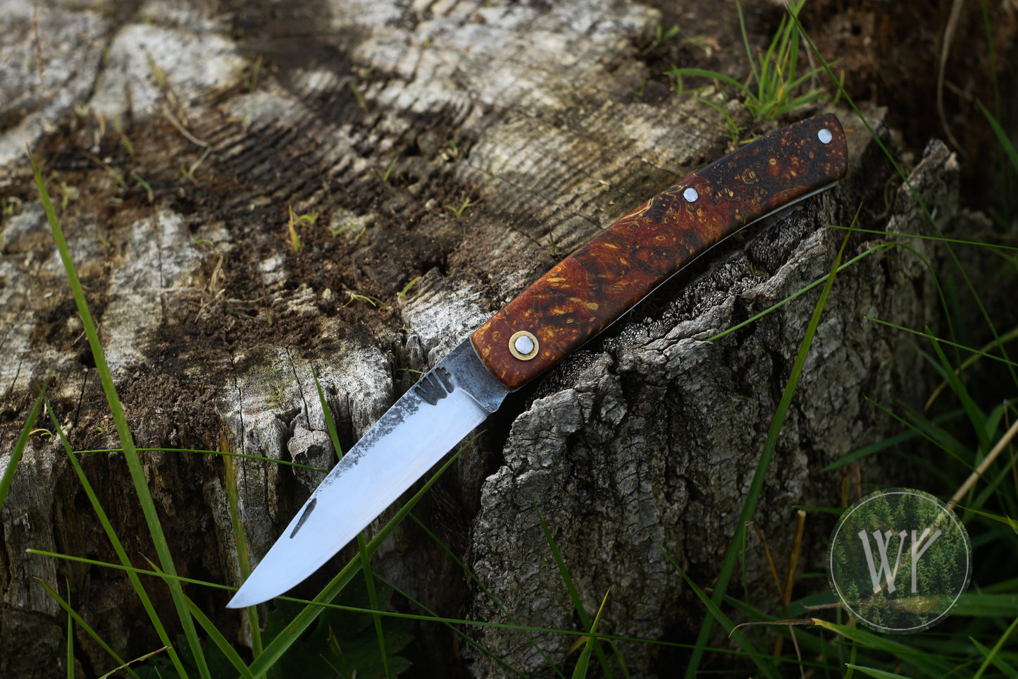 Hand-forged slipjoint folding knife with Box Elder Burl scales