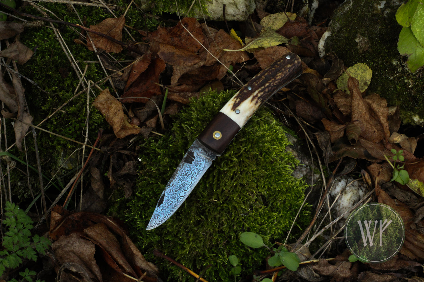 Hand-forged Slipjoint / Pattern Welded Damascus Blade / Heavy Duty / UK Legal Carry / Bog Yew & Antler Handle