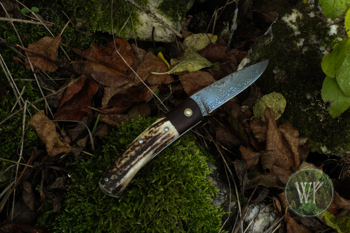 Hand-forged Slipjoint / Pattern Welded Damascus Blade / Heavy Duty / UK Legal Carry / Bog Yew & Antler Handle