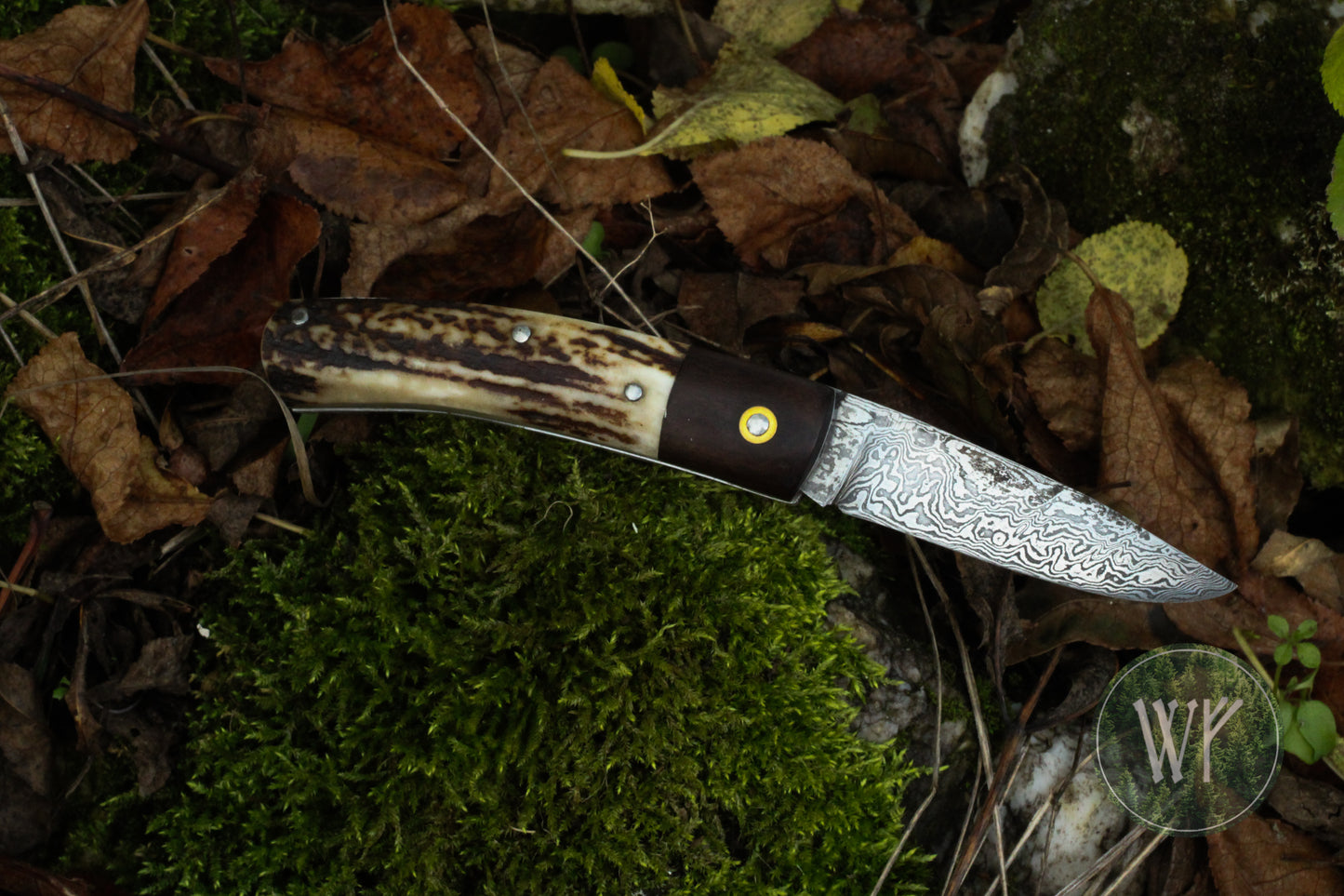 Hand-forged Slipjoint / Pattern Welded Damascus Blade / Heavy Duty / UK Legal Carry / Bog Yew & Antler Handle