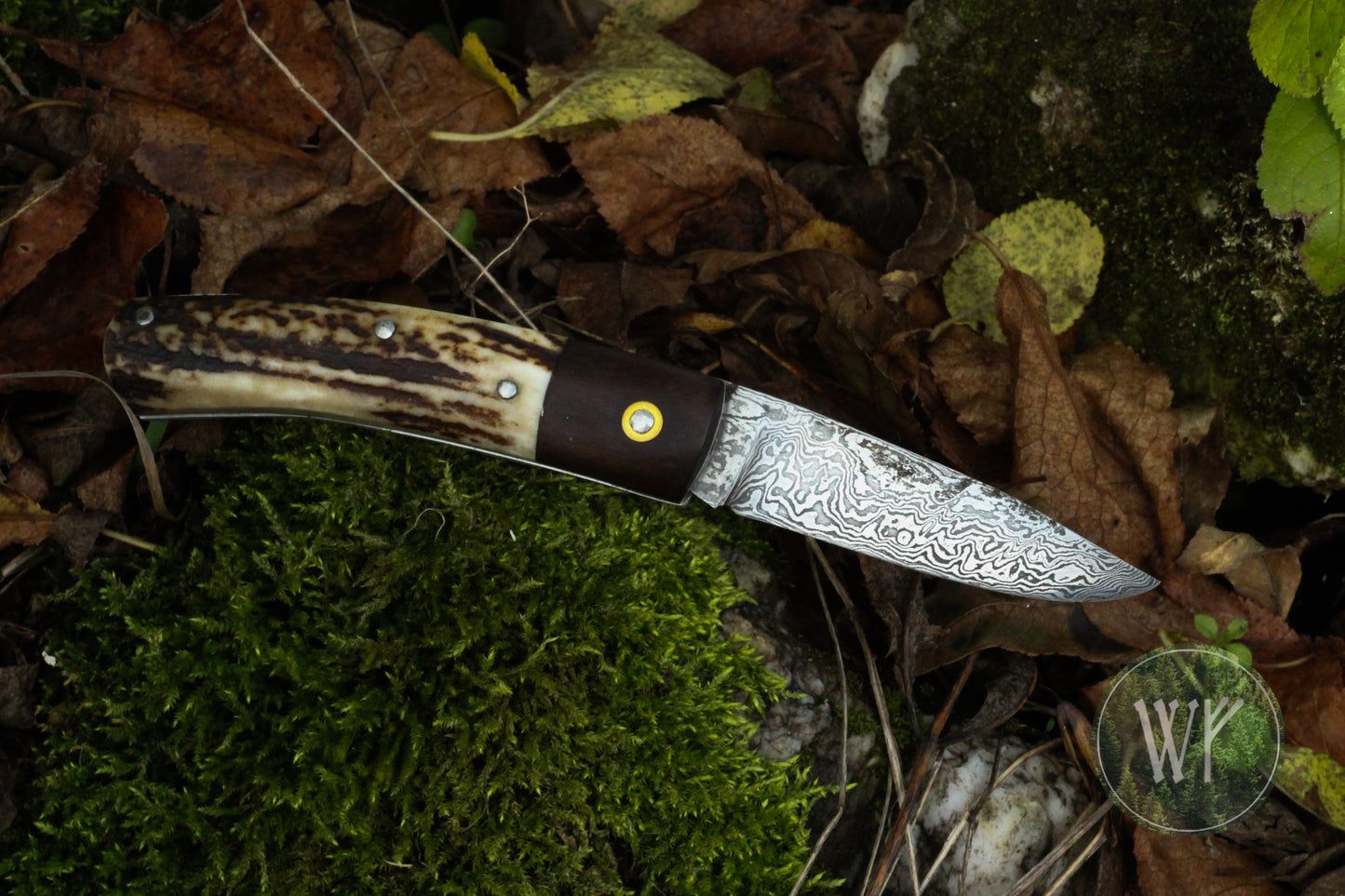 Hand-forged Slipjoint / Pattern Welded Damascus Blade / Heavy Duty / UK Legal Carry / Bog Yew & Antler Handle