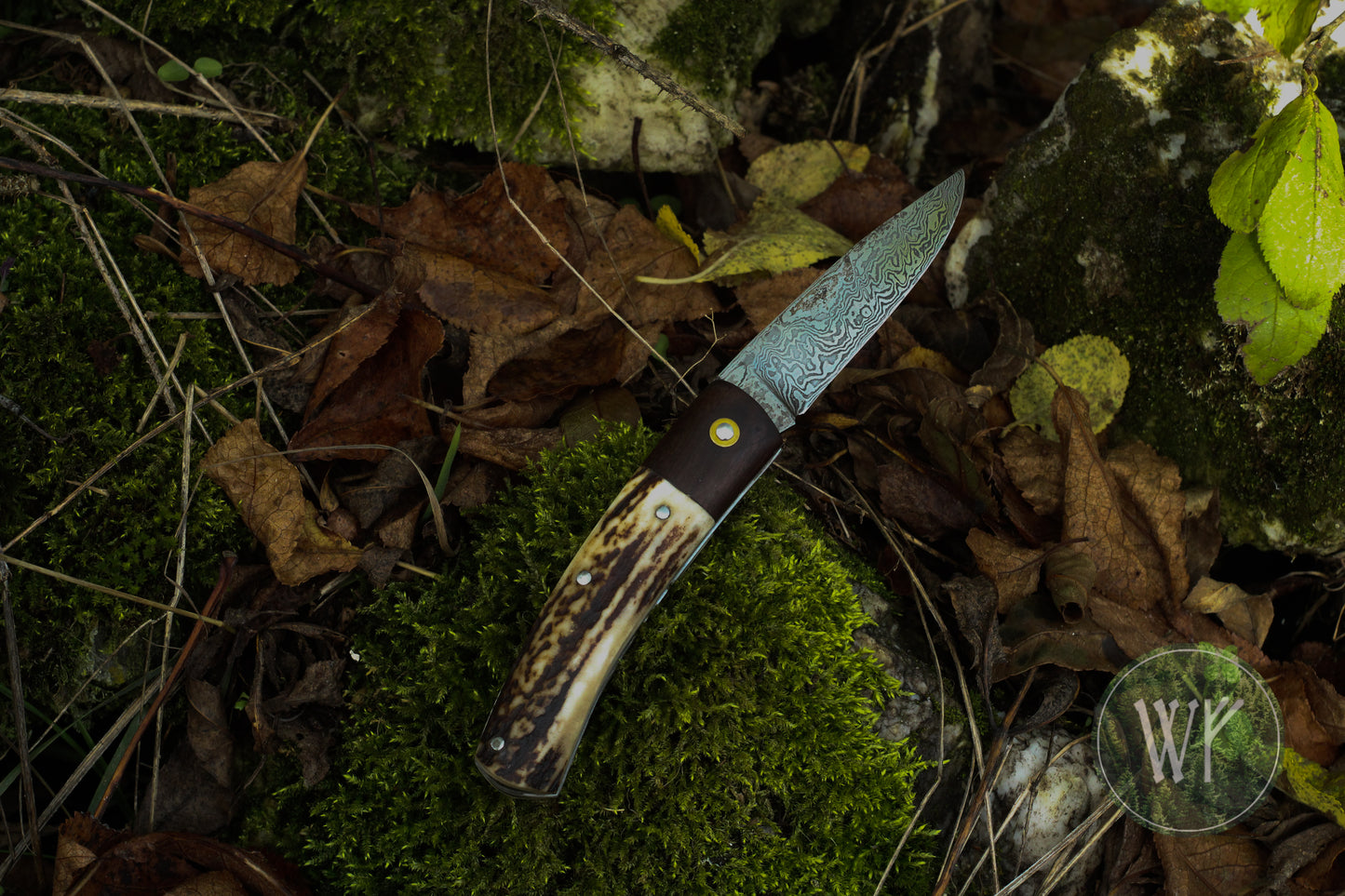 Hand-forged Slipjoint / Pattern Welded Damascus Blade / Heavy Duty / UK Legal Carry / Bog Yew & Antler Handle