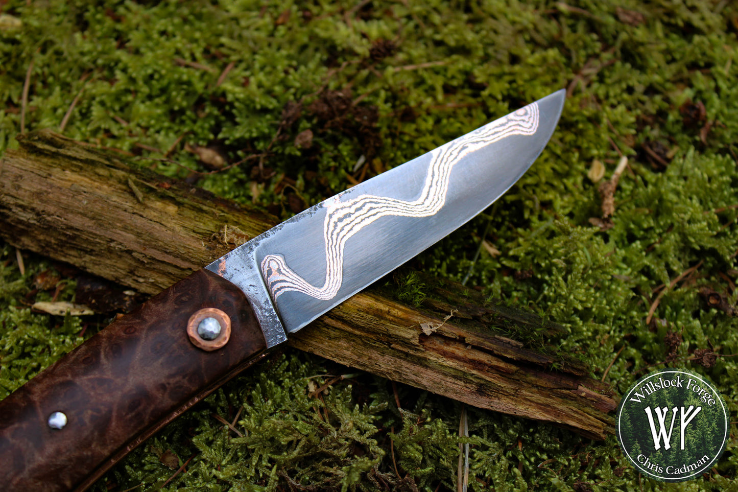 'DarkMai' Copper Damascus Slipjoint / Hand-forged folding knife with Copper Liners & Maple Burl Scales / UK Legal Pocket Knife