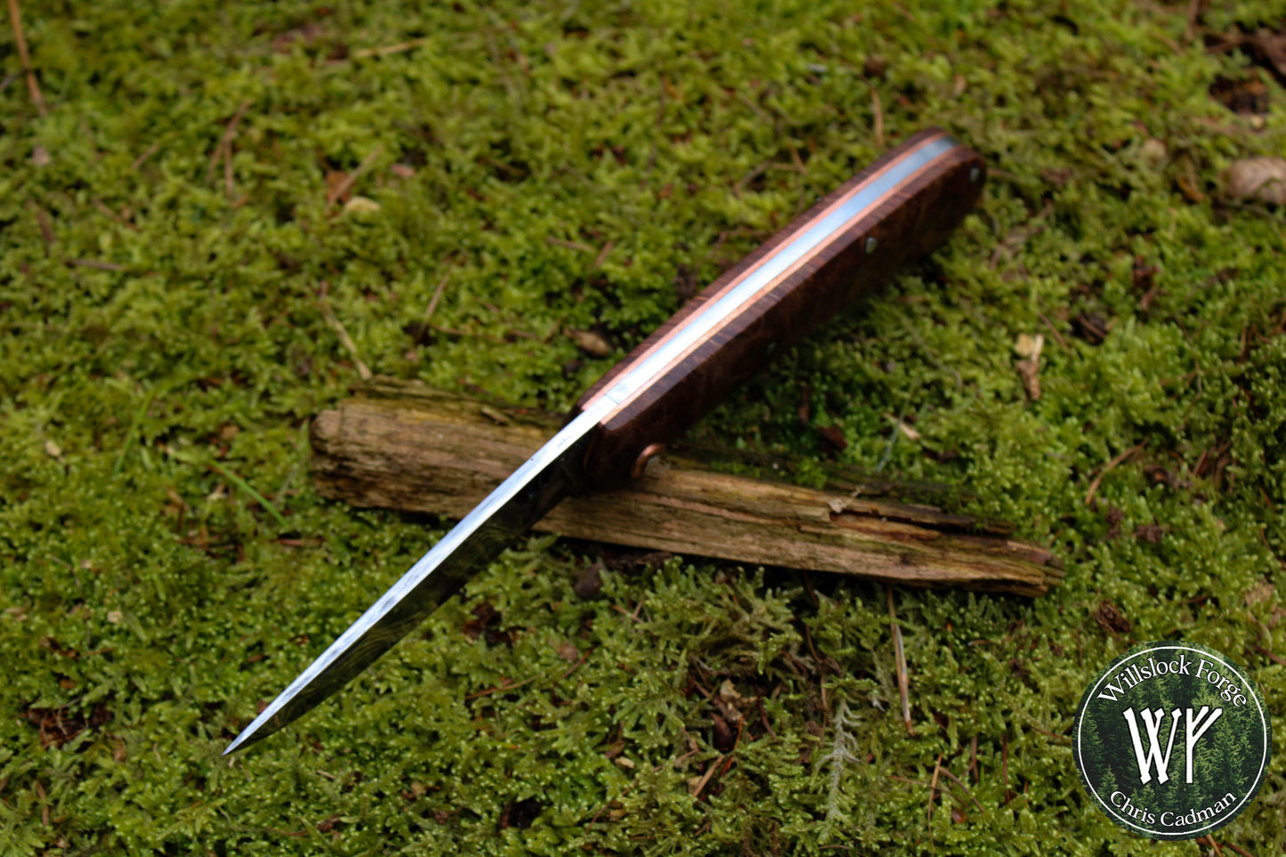 'DarkMai' Copper Damascus Slipjoint / Hand-forged folding knife with Copper Liners & Maple Burl Scales / UK Legal Pocket Knife