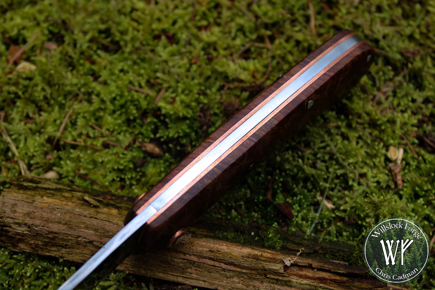 'DarkMai' Copper Damascus Slipjoint / Hand-forged folding knife with Copper Liners & Maple Burl Scales / UK Legal Pocket Knife