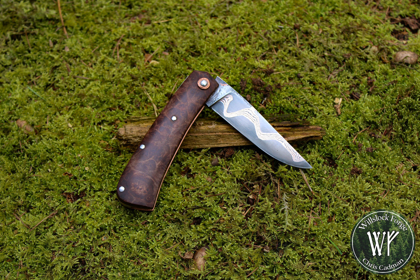 'DarkMai' Copper Damascus Slipjoint / Hand-forged folding knife with Copper Liners & Maple Burl Scales / UK Legal Pocket Knife