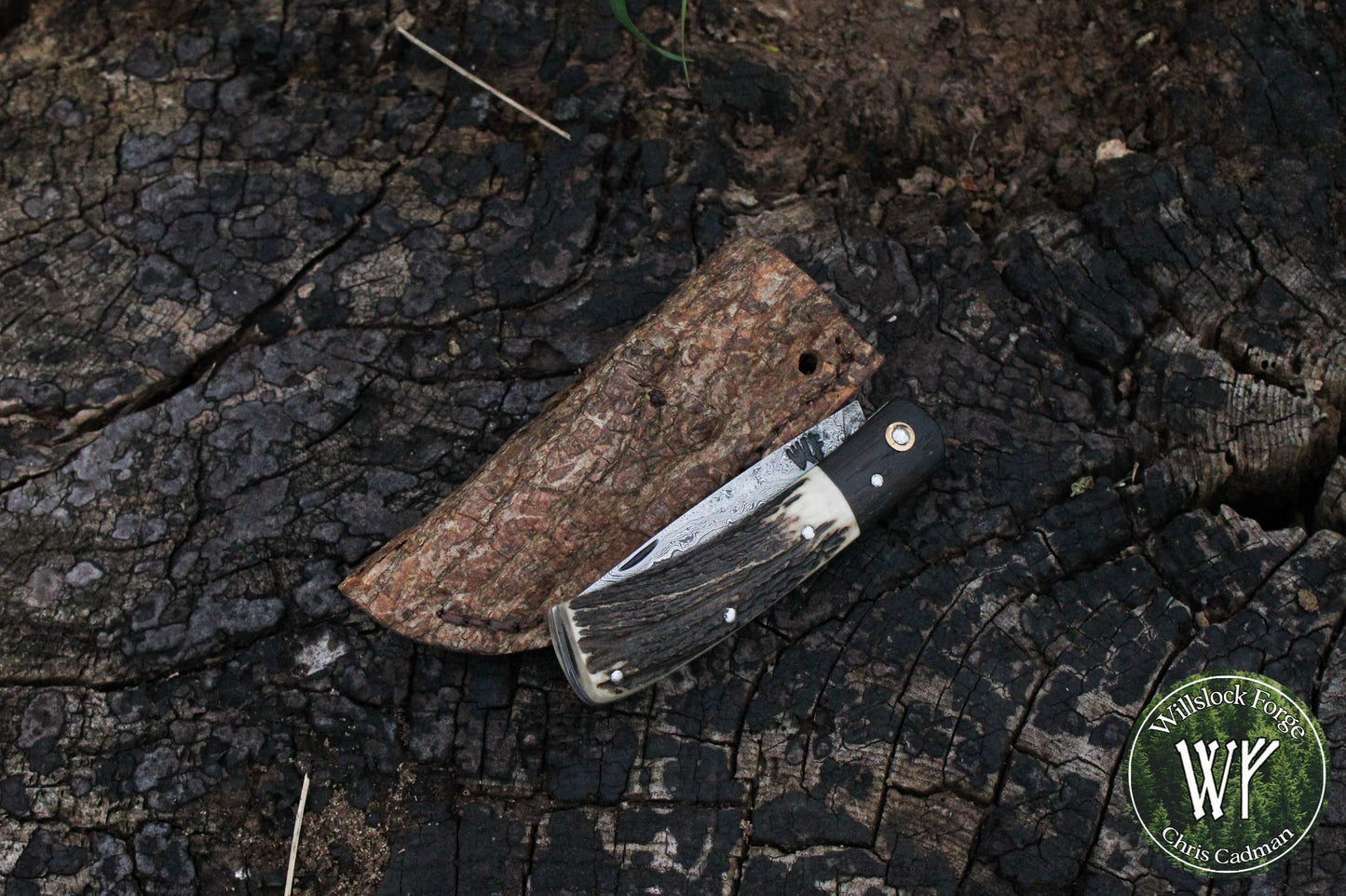 Hand-Forged San Mai Damascus Slipjoint with Bog Oak & Stag Antler Scales / UK Legal Carry