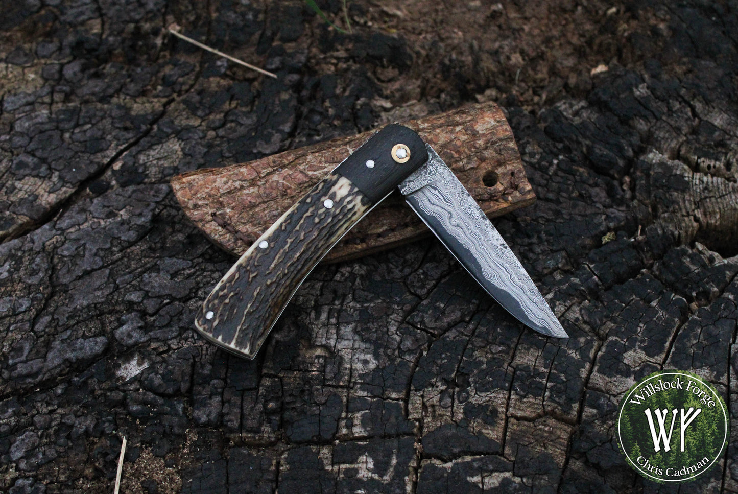 Hand-Forged San Mai Damascus Slipjoint with Bog Oak & Stag Antler Scales / UK Legal Carry