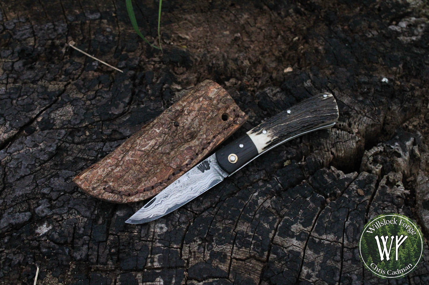 Hand-Forged San Mai Damascus Slipjoint with Bog Oak & Stag Antler Scales / UK Legal Carry