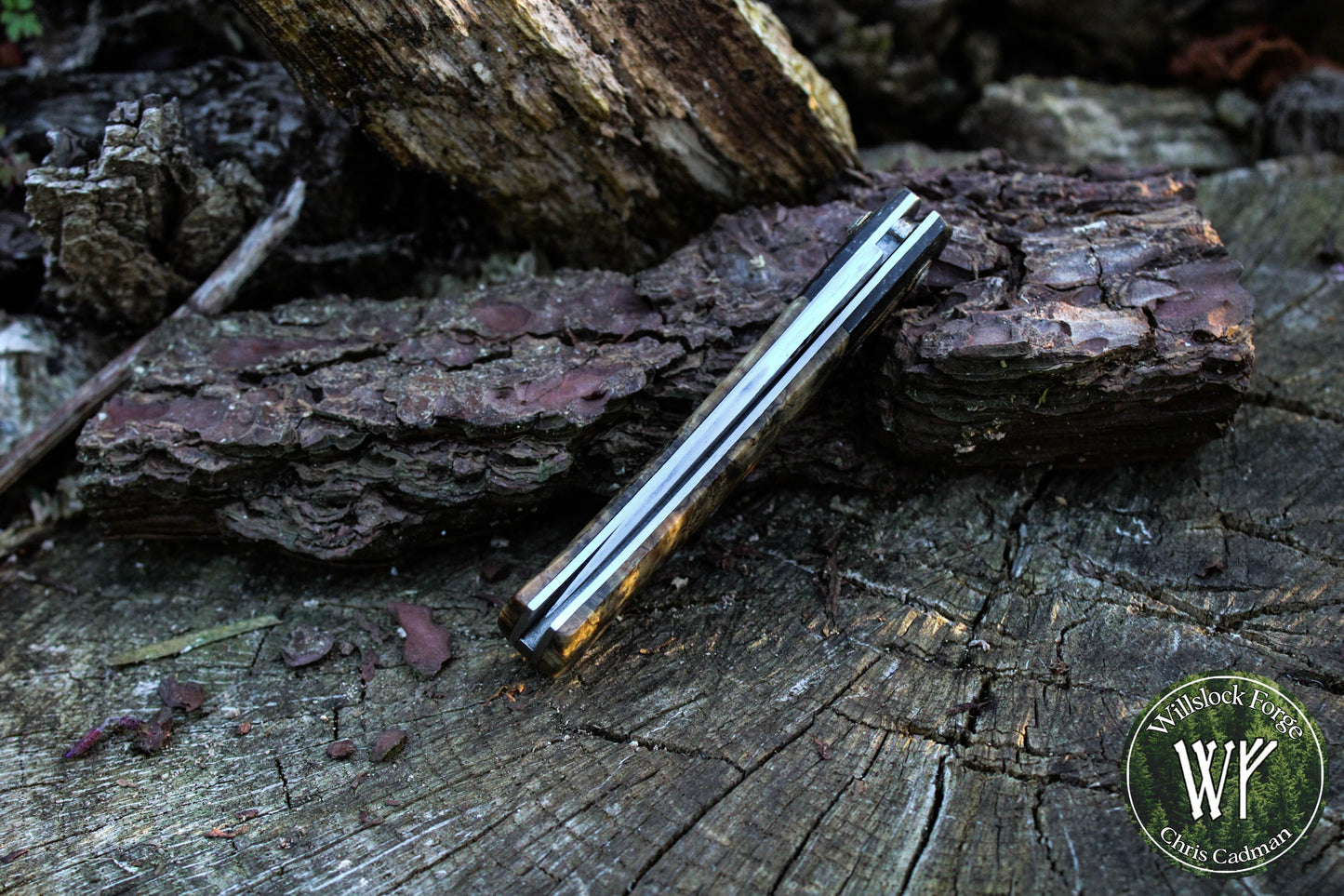 Hand-forged San-Mai slipjoint / 1084 & Antique Wrought Iron Blade with Bog Oak and Spalted Ash Scales