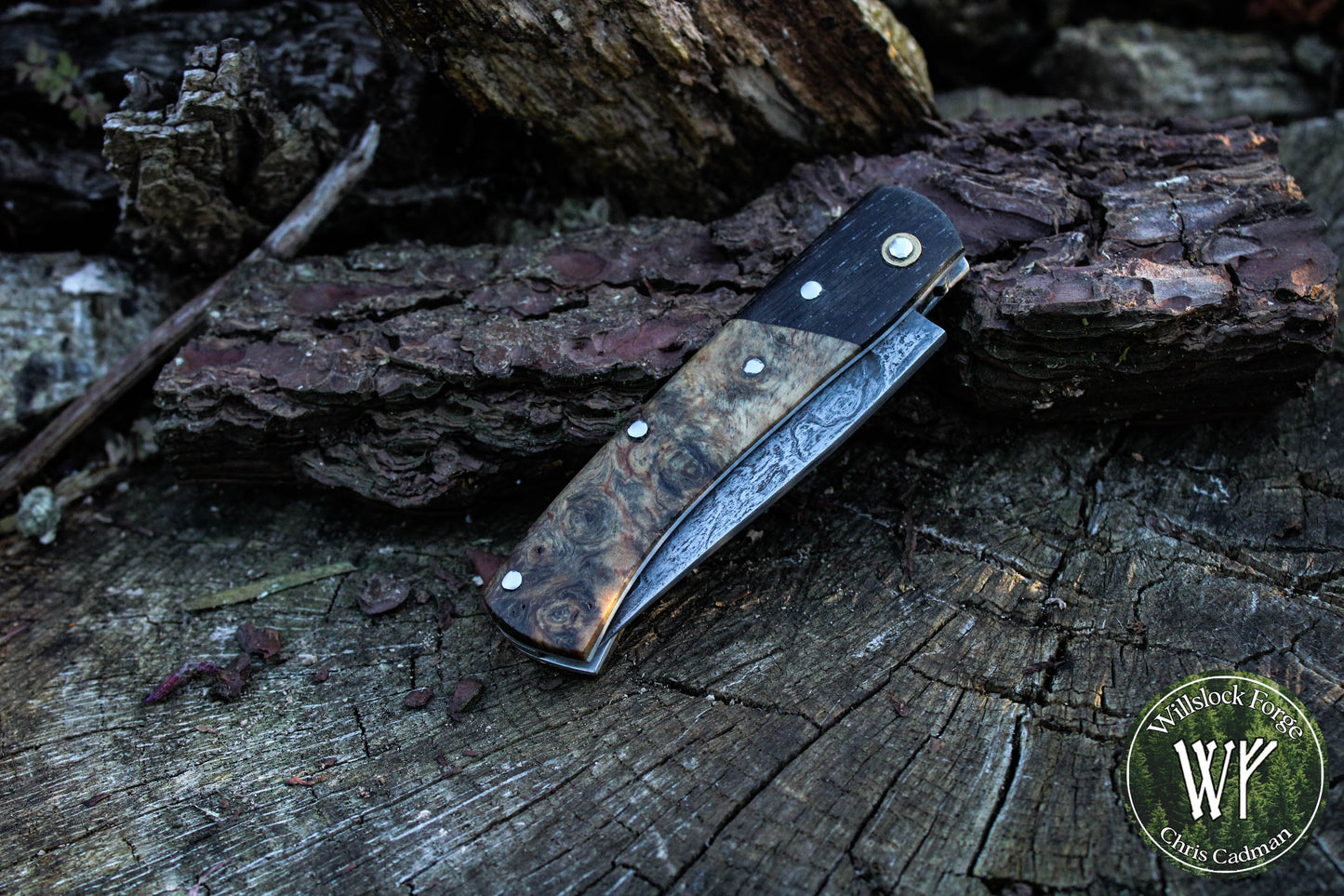 Hand-forged San-Mai slipjoint / 1084 & Antique Wrought Iron Blade with Bog Oak and Spalted Ash Scales