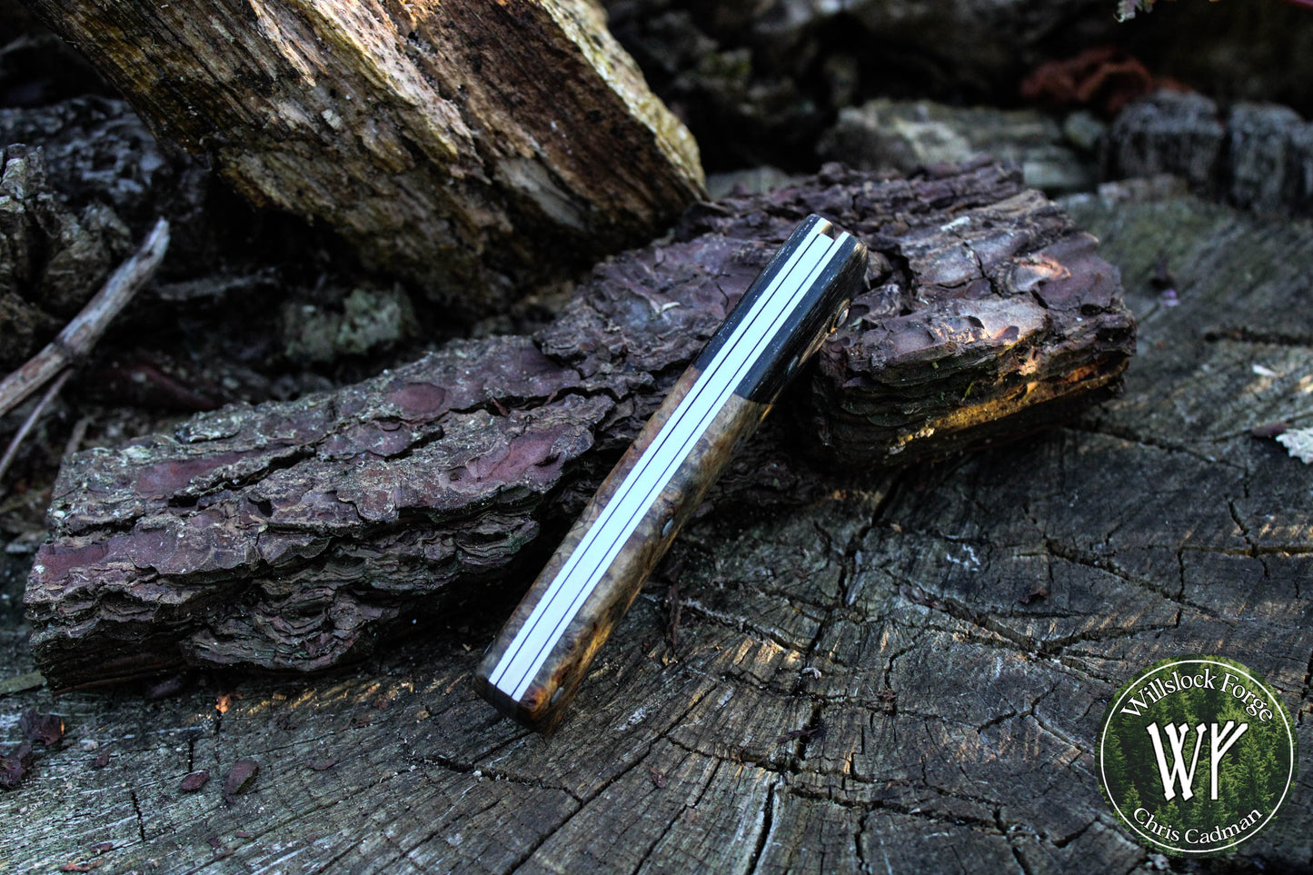 Hand-forged San-Mai slipjoint / 1084 & Antique Wrought Iron Blade with Bog Oak and Spalted Ash Scales