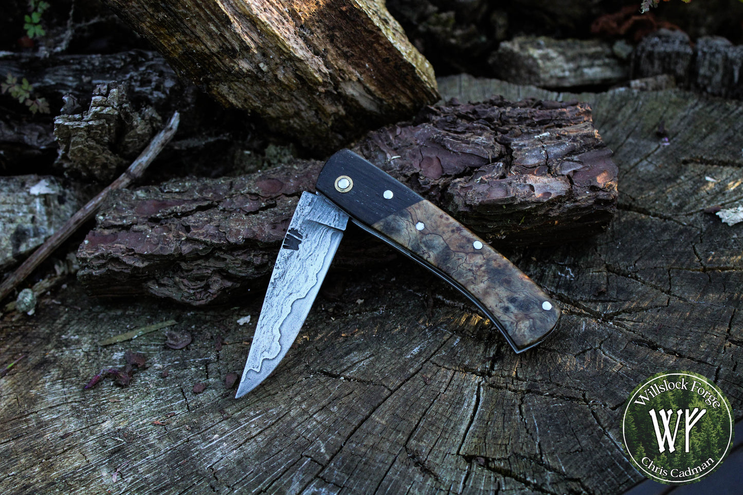 Hand-forged San-Mai slipjoint / 1084 & Antique Wrought Iron Blade with Bog Oak and Spalted Ash Scales