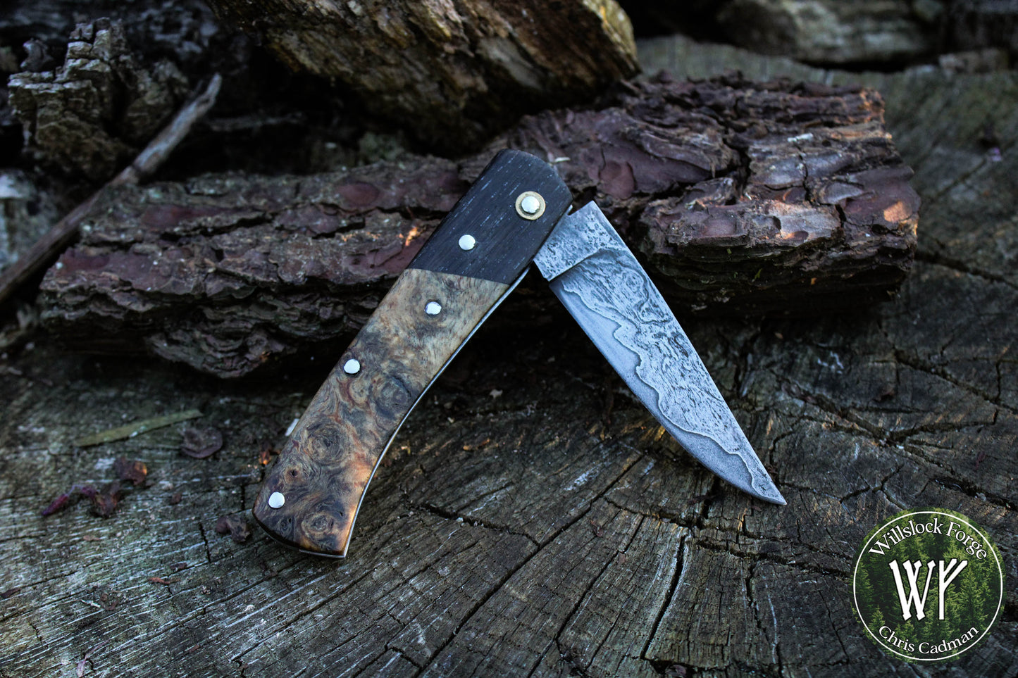 Hand-forged San-Mai slipjoint / 1084 & Antique Wrought Iron Blade with Bog Oak and Spalted Ash Scales