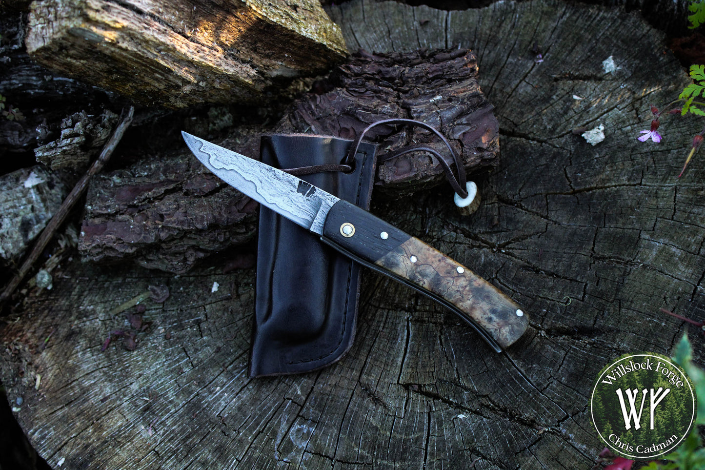 Hand-forged San-Mai slipjoint / 1084 & Antique Wrought Iron Blade with Bog Oak and Spalted Ash Scales