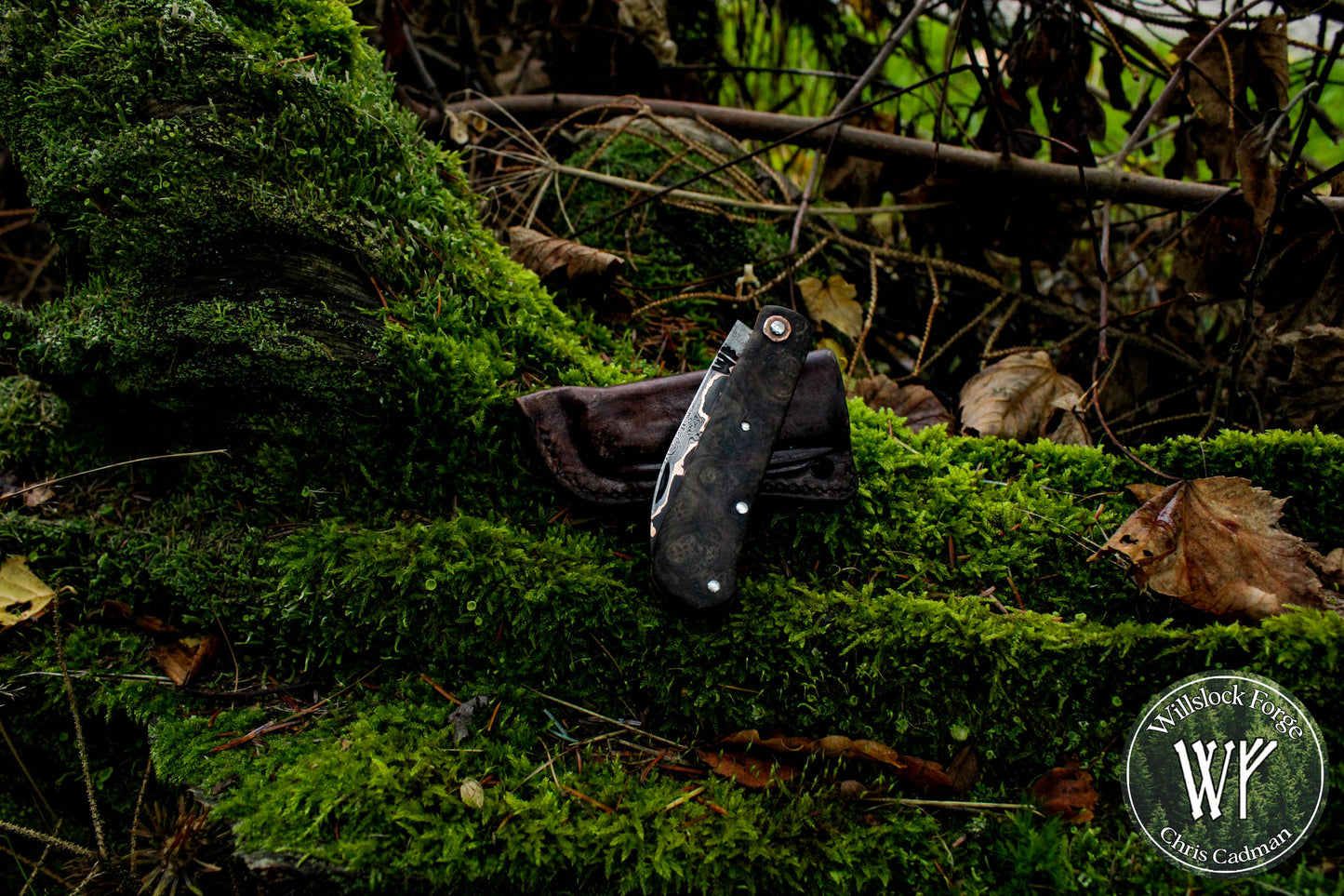 Hand-forged folding knife / Wharncliffe Slipjoint / Baker Forge & Tool Copper Damascus Blade / Copper Liners & Ash Burl Scales / UK Legal Pocket Knife
