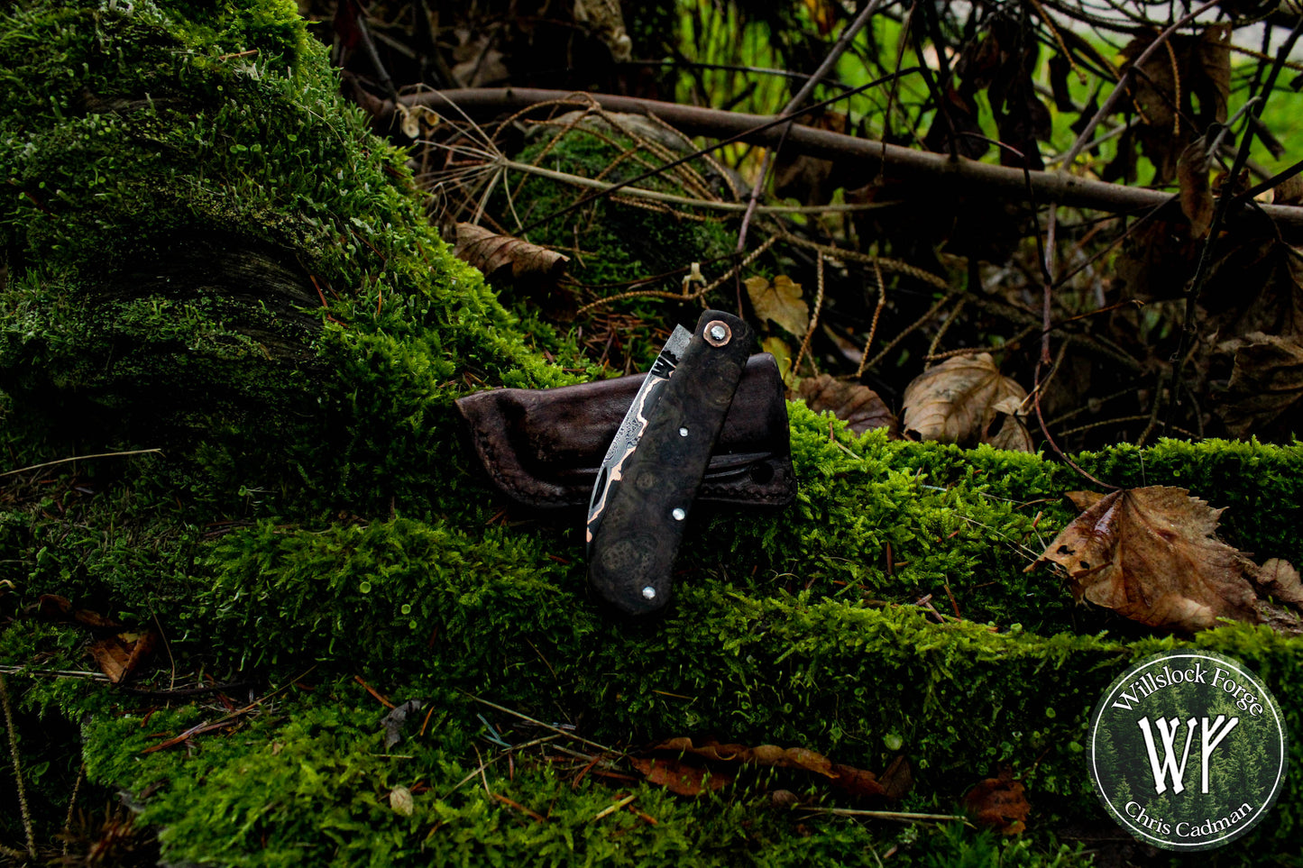 Hand-forged folding knife / Wharncliffe Slipjoint / Baker Forge & Tool Copper Damascus Blade / Copper Liners & Ash Burl Scales / UK Legal Pocket Knife