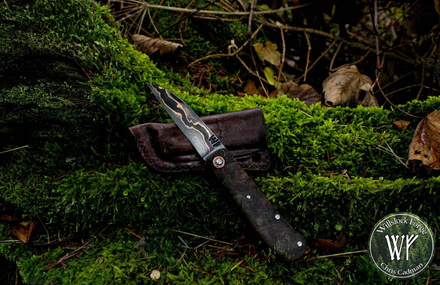 Hand-forged folding knife / Wharncliffe Slipjoint / Baker Forge & Tool Copper Damascus Blade / Copper Liners & Ash Burl Scales / UK Legal Pocket Knife