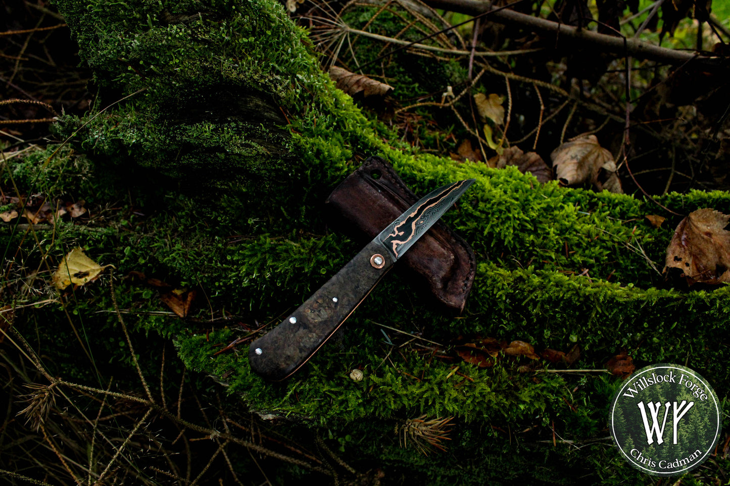 Hand-forged folding knife / Wharncliffe Slipjoint / Baker Forge & Tool Copper Damascus Blade / Copper Liners & Ash Burl Scales / UK Legal Pocket Knife