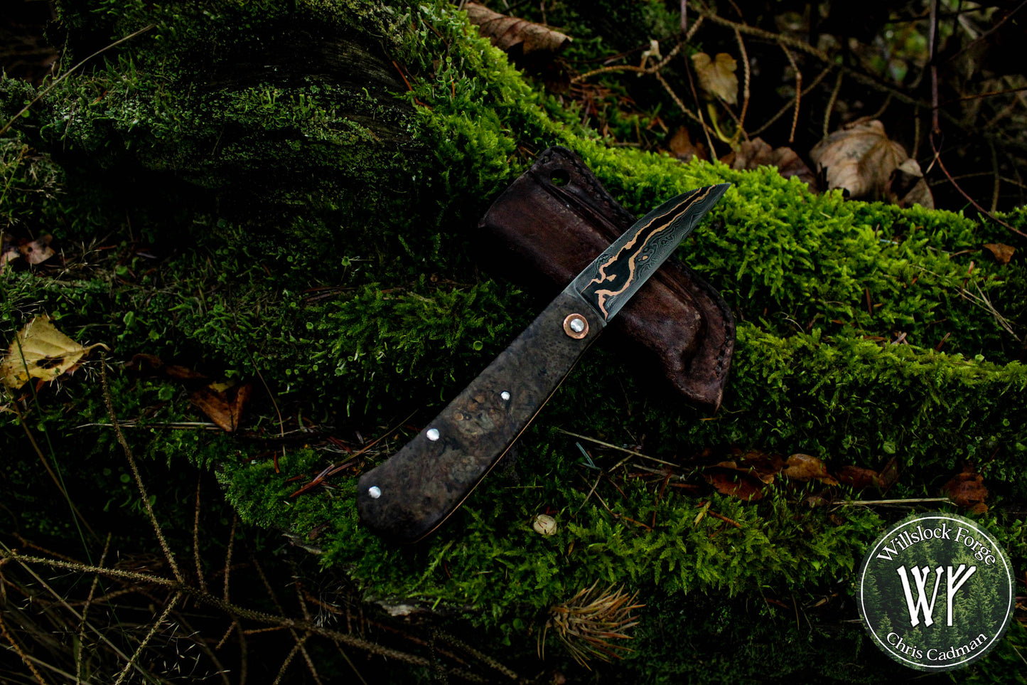 Hand-forged folding knife / Wharncliffe Slipjoint / Baker Forge & Tool Copper Damascus Blade / Copper Liners & Ash Burl Scales / UK Legal Pocket Knife