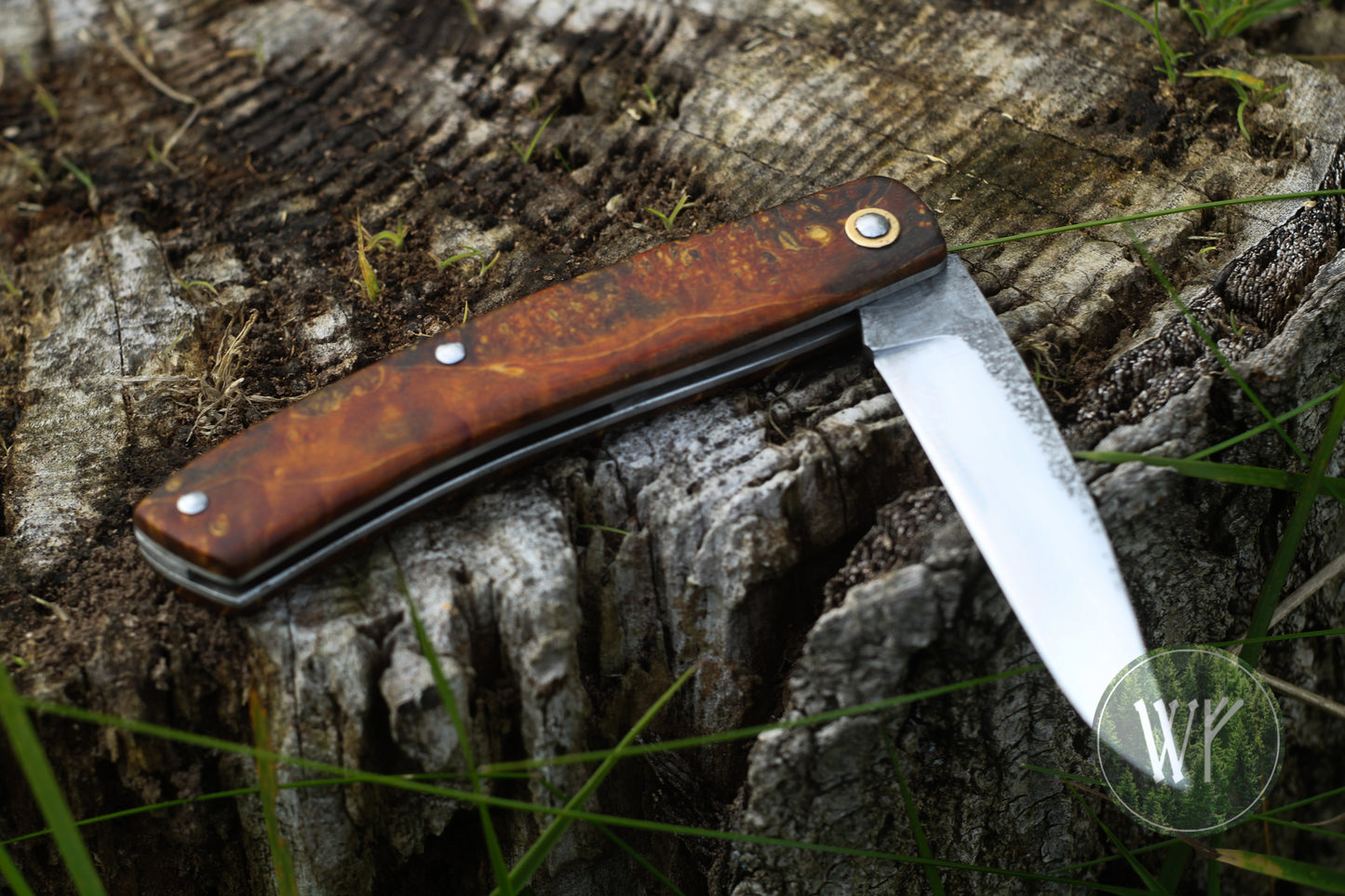 Hand-forged slipjoint folding knife with Box Elder Burl scales