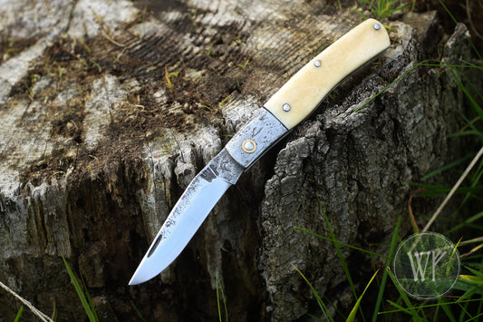 Hand-forged Slipjoint / UK Legal Folding Knife / 80CRV2 Blade with Buffalo Horn & Wrought Iron Handle