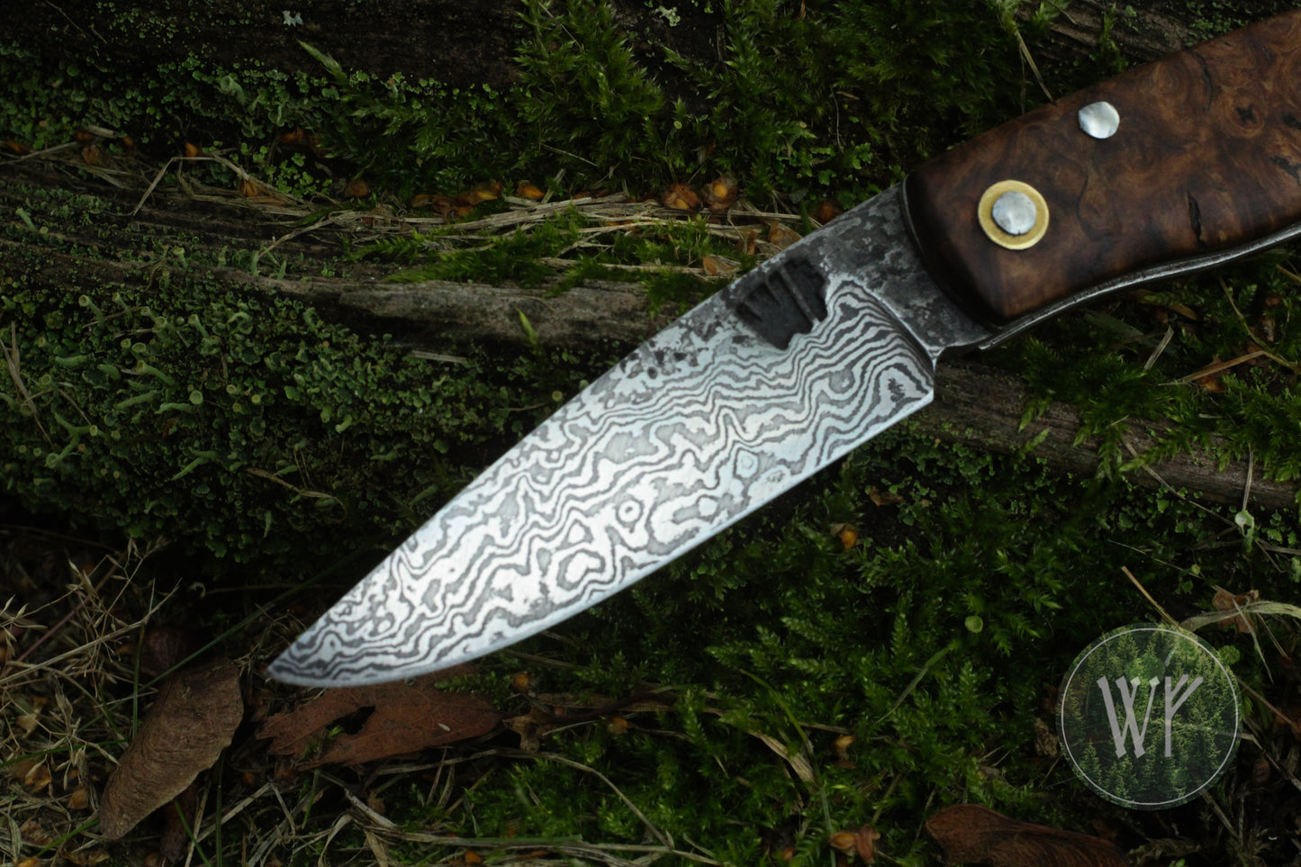 [RESERVED FOR GERD] Hand-forged dual-detente folder with Damascus Steel blade, Titanium Liners and Welsh Oak Burl Handle / Non-locking UK Legal Carry