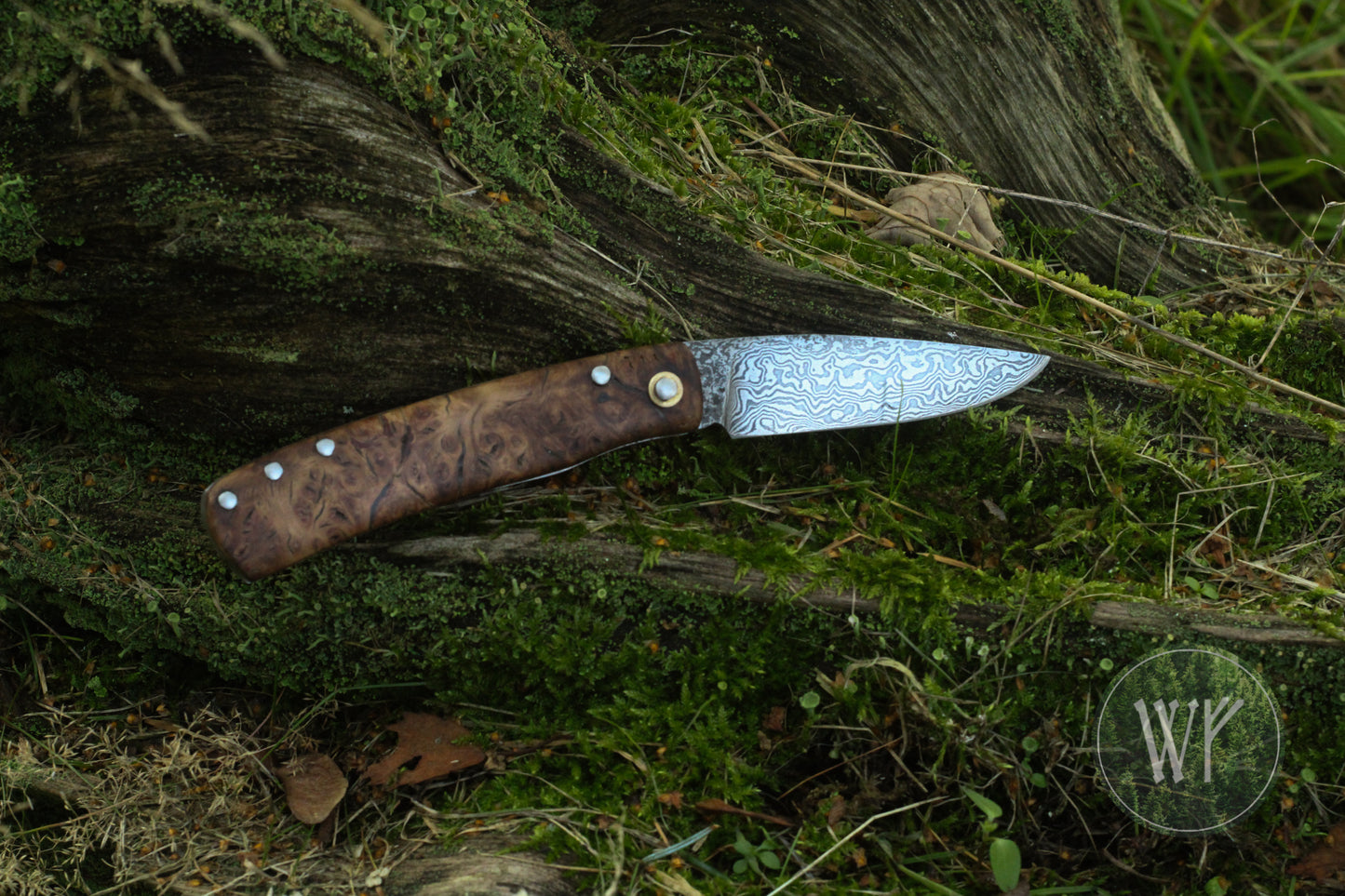[RESERVED FOR GERD] Hand-forged dual-detente folder with Damascus Steel blade, Titanium Liners and Welsh Oak Burl Handle / Non-locking UK Legal Carry