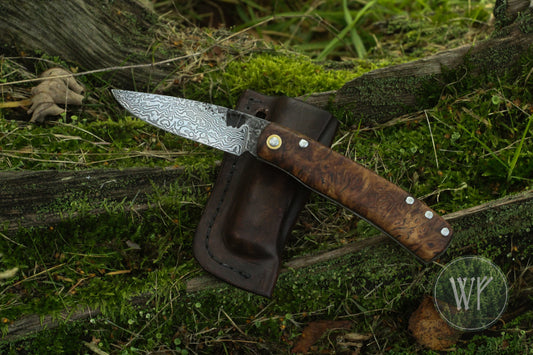 [RESERVED FOR GERD] Hand-forged dual-detente folder with Damascus Steel blade, Titanium Liners and Welsh Oak Burl Handle / Non-locking UK Legal Carry