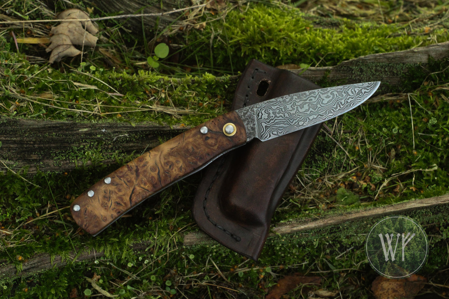 [RESERVED FOR GERD] Hand-forged dual-detente folder with Damascus Steel blade, Titanium Liners and Welsh Oak Burl Handle / Non-locking UK Legal Carry