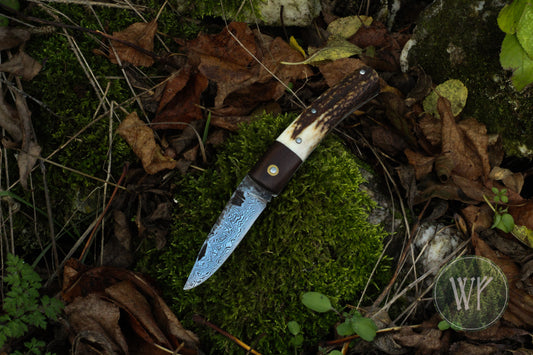 Hand-forged Slipjoint / Pattern Welded Damascus Blade / Heavy Duty / UK Legal Carry / Bog Yew & Antler Handle