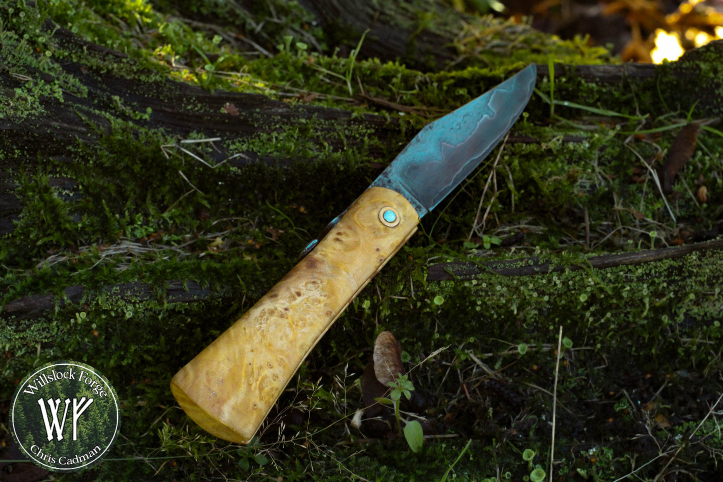 [RESERVED FOR HAGEN] Hand-forged Viking style friction folder /  Wrought Iron & Steel Blade / Wych Elm Burl Handle with steel liners / UK Legal Carry