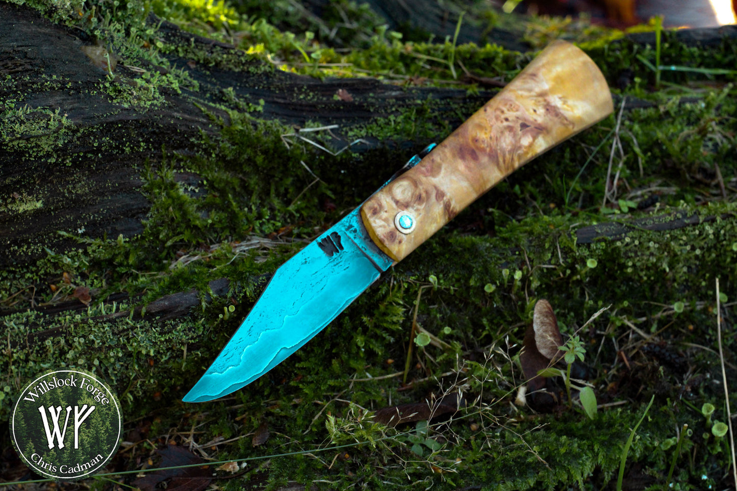 [RESERVED FOR HAGEN] Hand-forged Viking style friction folder /  Wrought Iron & Steel Blade / Wych Elm Burl Handle with steel liners / UK Legal Carry