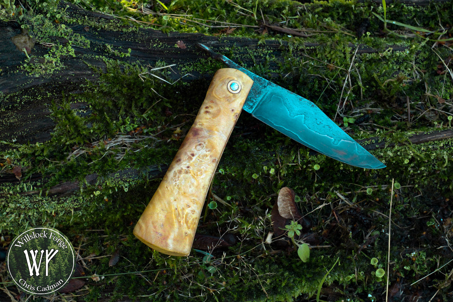 [RESERVED FOR HAGEN] Hand-forged Viking style friction folder /  Wrought Iron & Steel Blade / Wych Elm Burl Handle with steel liners / UK Legal Carry