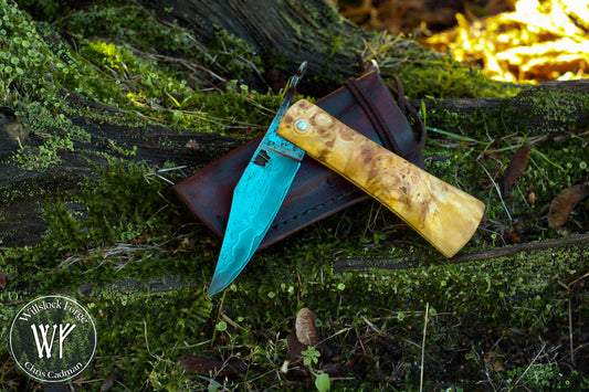 [RESERVED FOR HAGEN] Hand-forged Viking style friction folder /  Wrought Iron & Steel Blade / Wych Elm Burl Handle with steel liners / UK Legal Carry