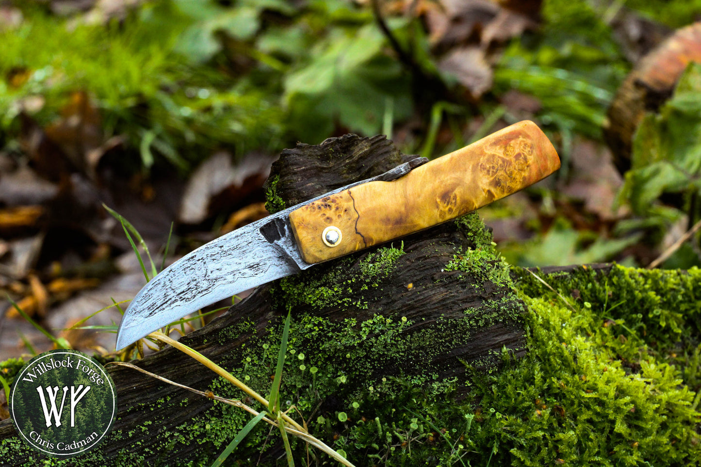 [Reserved for Michael] Hand-forged Folding Mushroom Knife. Laminated wrought iron & steel blade & Box Elder Burl handle.