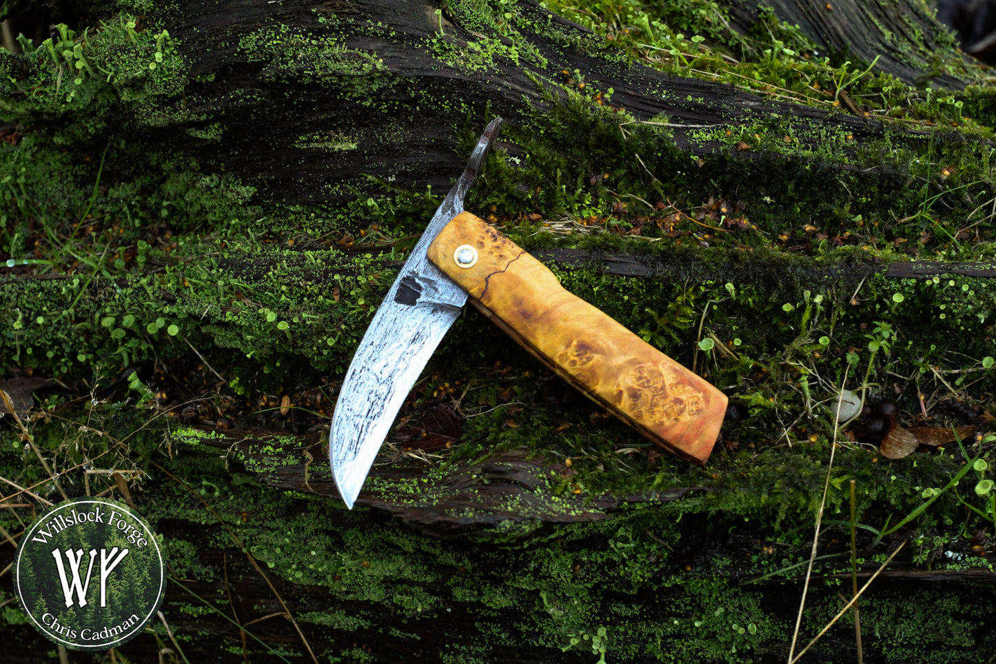 [Reserved for Michael] Hand-forged Folding Mushroom Knife. Laminated wrought iron & steel blade & Box Elder Burl handle.