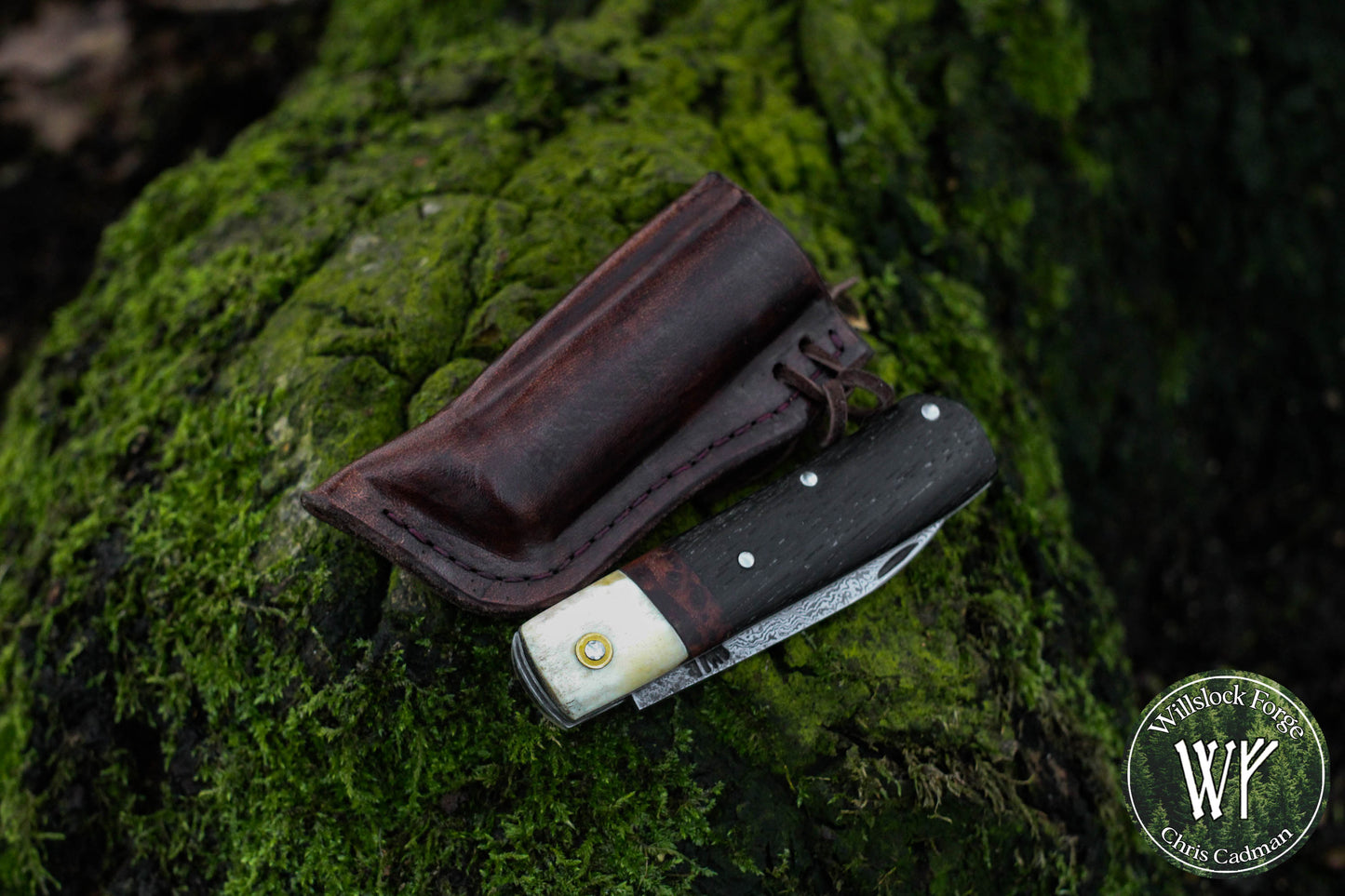 Wharncliffe Damascus Slipjoint / Hand-forged folding knife / Stag, Elm Burl & Bog Oak Handle / Non-locking UK Legal Carry