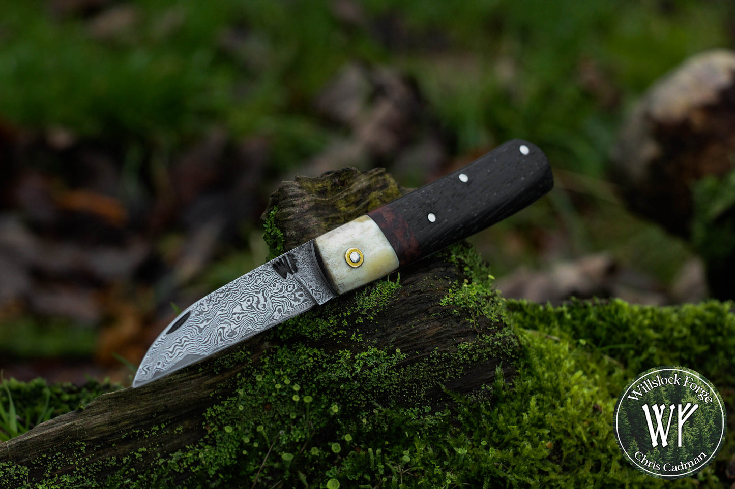 Wharncliffe Damascus Slipjoint / Hand-forged folding knife / Stag, Elm Burl & Bog Oak Handle / Non-locking UK Legal Carry