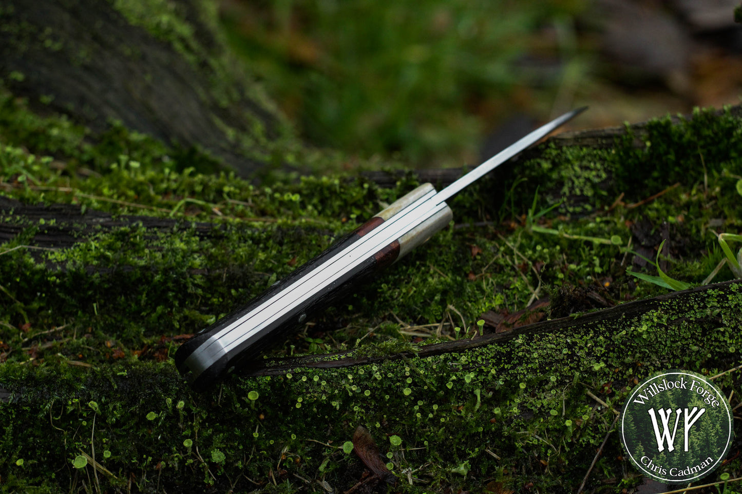 Wharncliffe Damascus Slipjoint / Hand-forged folding knife / Stag, Elm Burl & Bog Oak Handle / Non-locking UK Legal Carry