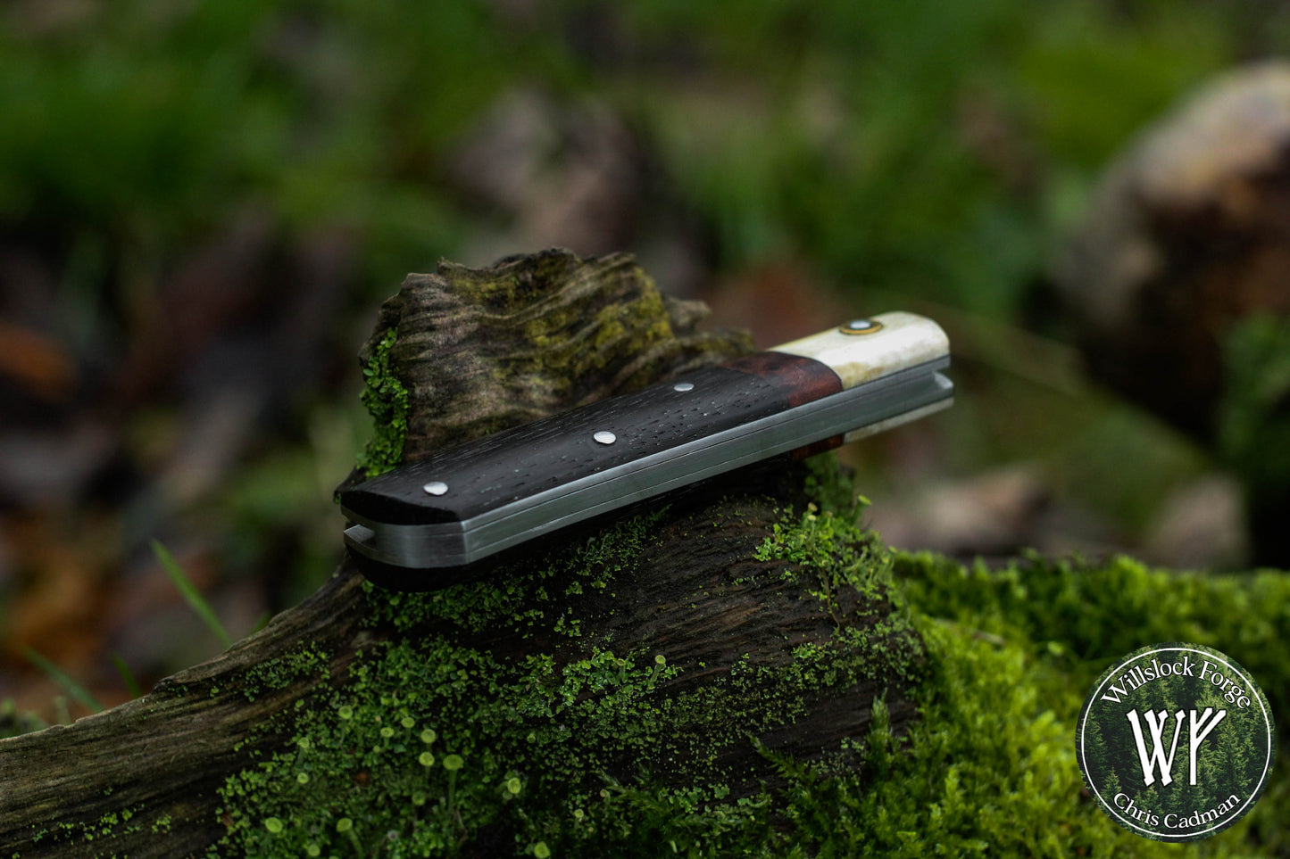 Wharncliffe Damascus Slipjoint / Hand-forged folding knife / Stag, Elm Burl & Bog Oak Handle / Non-locking UK Legal Carry