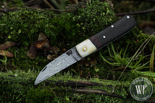 Wharncliffe Damascus Slipjoint / Hand-forged folding knife / Stag, Elm Burl & Bog Oak Handle / Non-locking UK Legal Carry