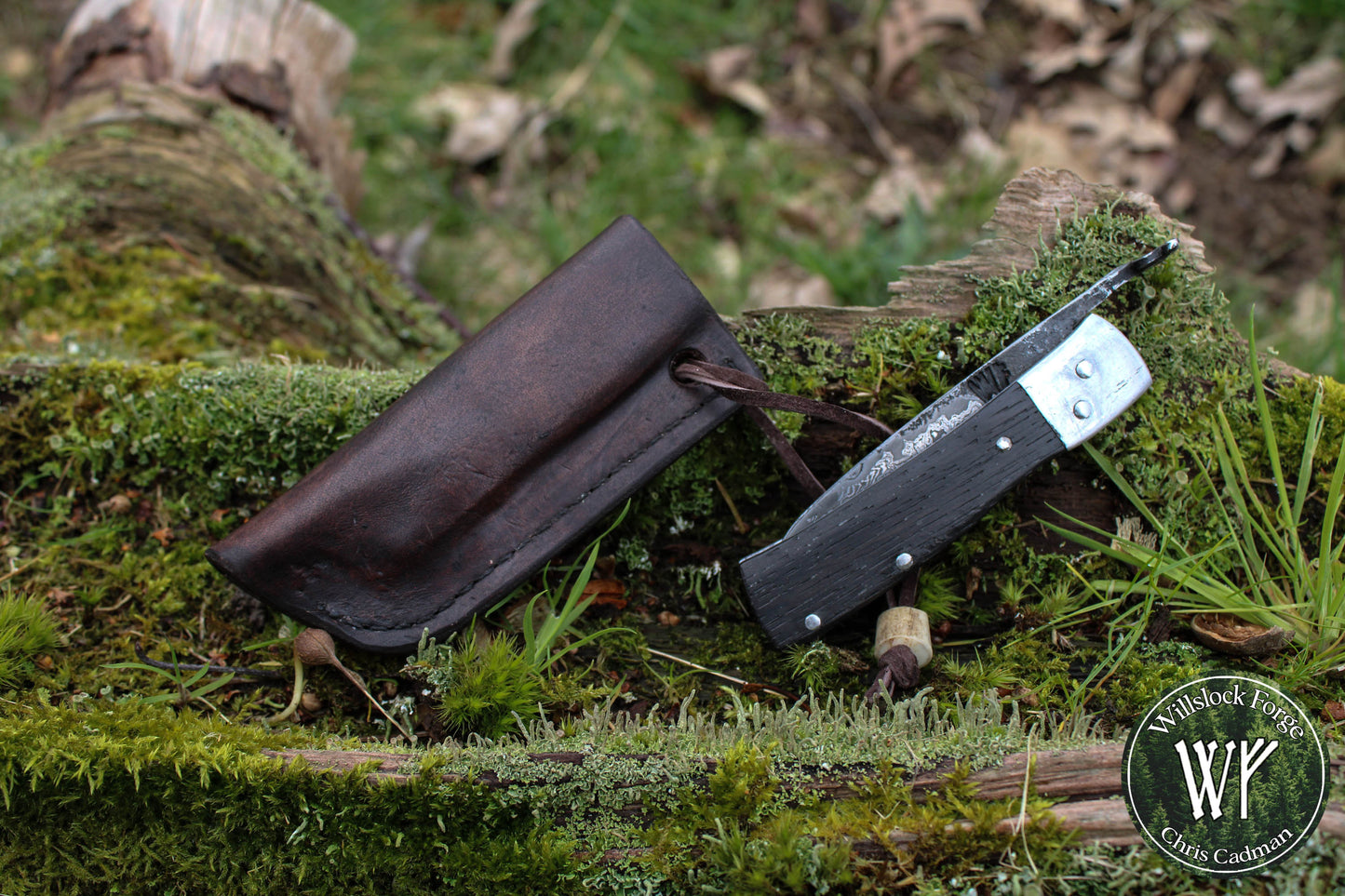 [RESERVED for J Saunders] Hand-forged Damascus Friction Folder / Pattern-welded blade with integral wrought iron bolsters & Ancient Bog Oak scales/ UK legal folding knife