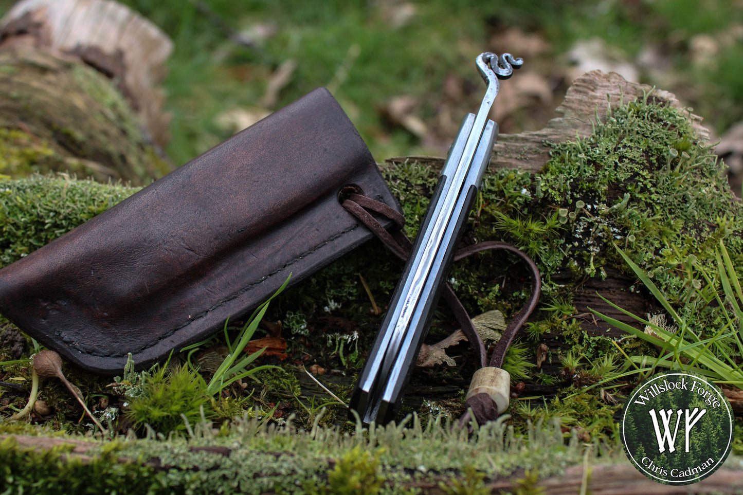 [RESERVED for J Saunders] Hand-forged Damascus Friction Folder / Pattern-welded blade with integral wrought iron bolsters & Ancient Bog Oak scales/ UK legal folding knife