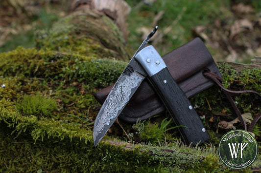 [RESERVED for J Saunders] Hand-forged Damascus Friction Folder / Pattern-welded blade with integral wrought iron bolsters & Ancient Bog Oak scales/ UK legal folding knife