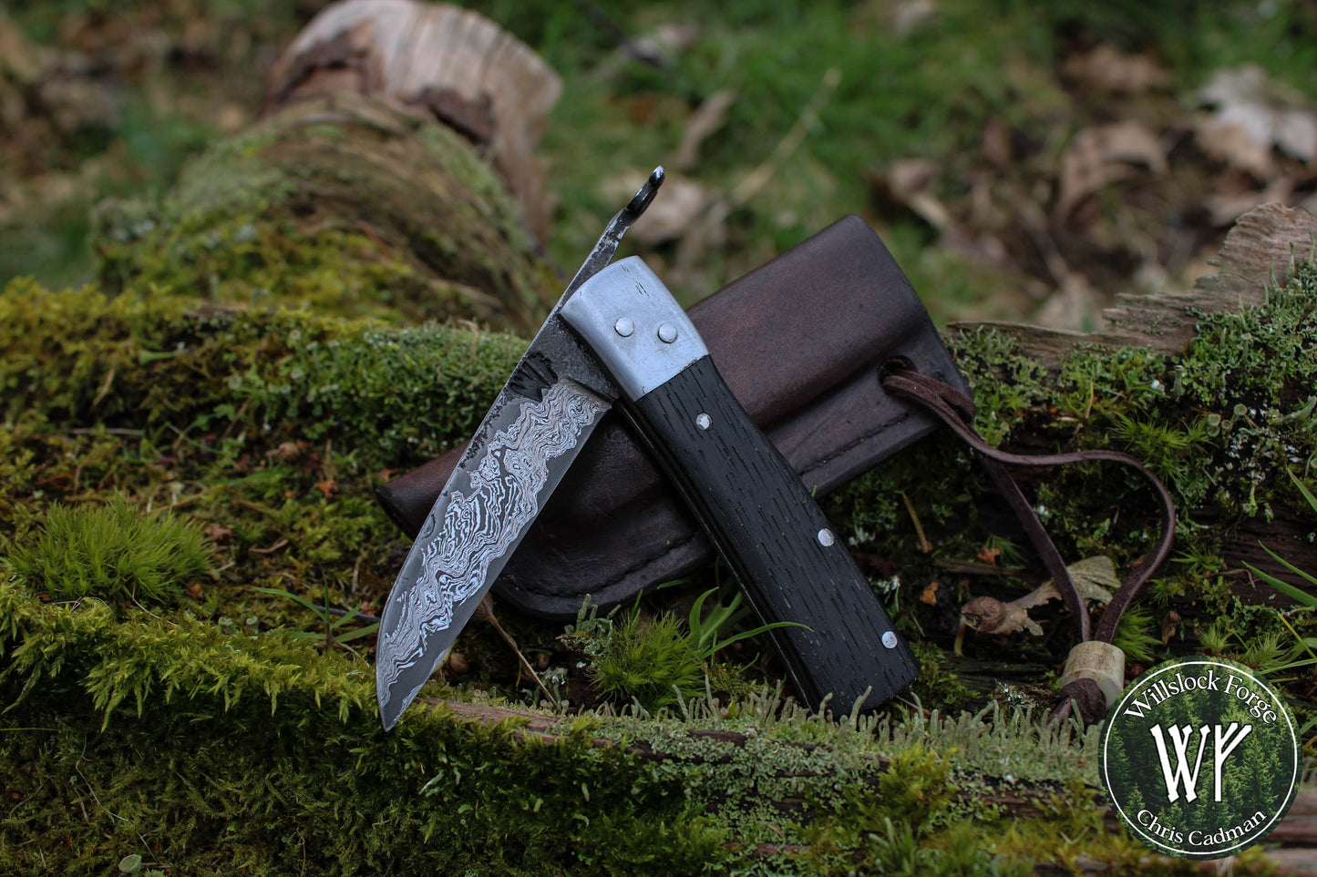 [RESERVED for J Saunders] Hand-forged Damascus Friction Folder / Pattern-welded blade with integral wrought iron bolsters & Ancient Bog Oak scales/ UK legal folding knife