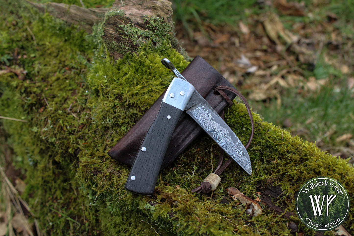 [RESERVED for J Saunders] Hand-forged Damascus Friction Folder / Pattern-welded blade with integral wrought iron bolsters & Ancient Bog Oak scales/ UK legal folding knife