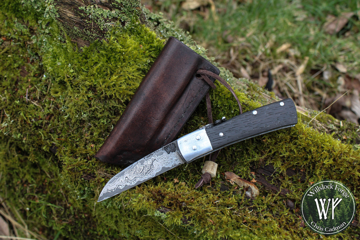 [RESERVED for J Saunders] Hand-forged Damascus Friction Folder / Pattern-welded blade with integral wrought iron bolsters & Ancient Bog Oak scales/ UK legal folding knife